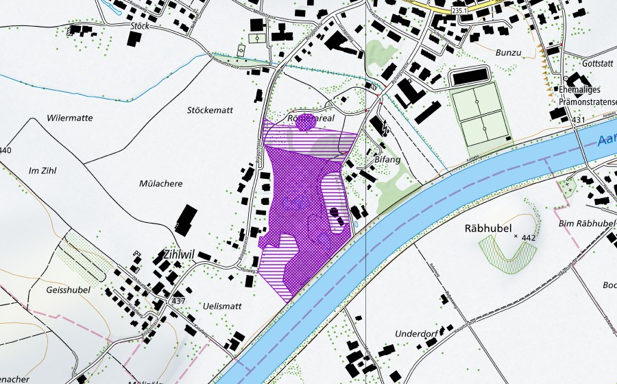 Carte nationale swisstopo avec le périmètre protégé de Römerareal (Site de reproduction de batraciens)