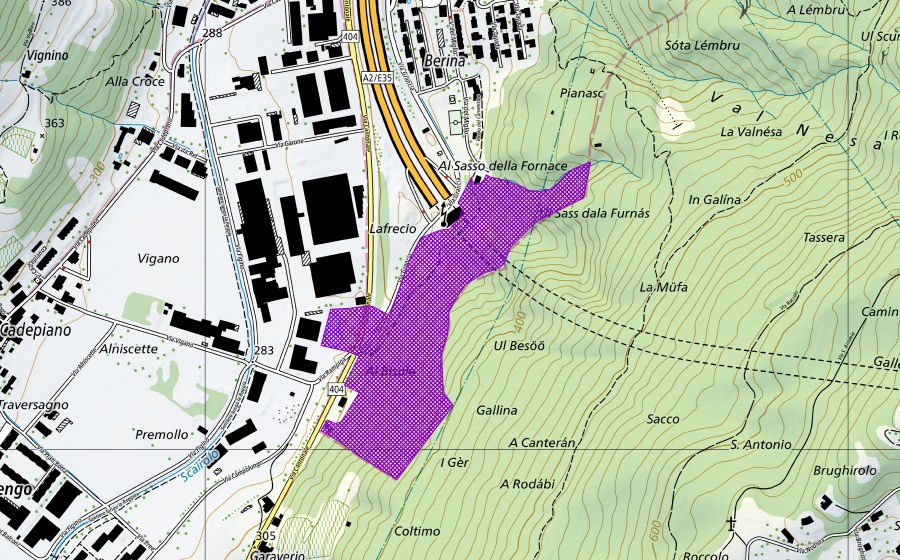 Carte nationale swisstopo avec le périmètre protégé de Rompiga (Site de reproduction de batraciens)