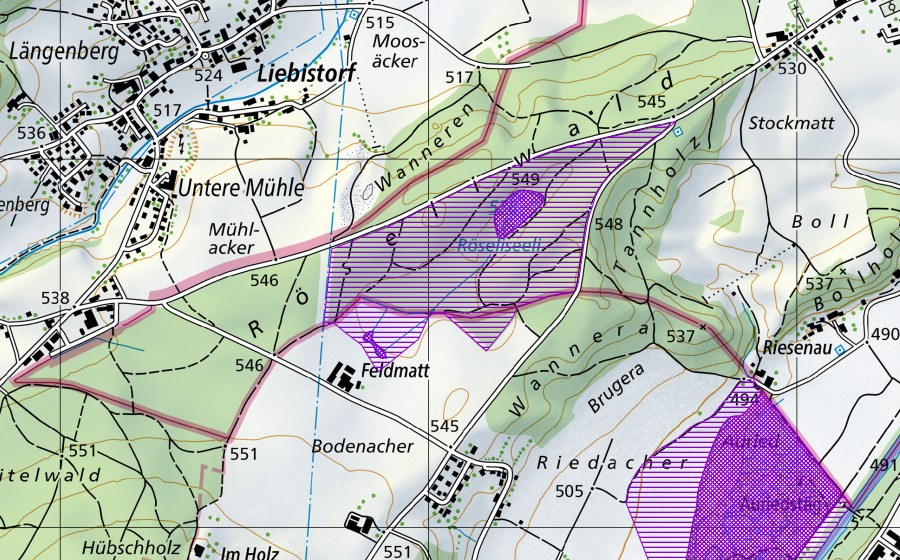 Carta nazionale swisstopo con il perimetro protetto di Röselisee (Sito di riproduzione di anfibi)