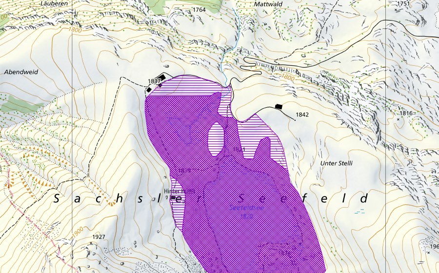 Carte nationale swisstopo avec le périmètre protégé de Sachsler Seefeld (Site de reproduction de batraciens)