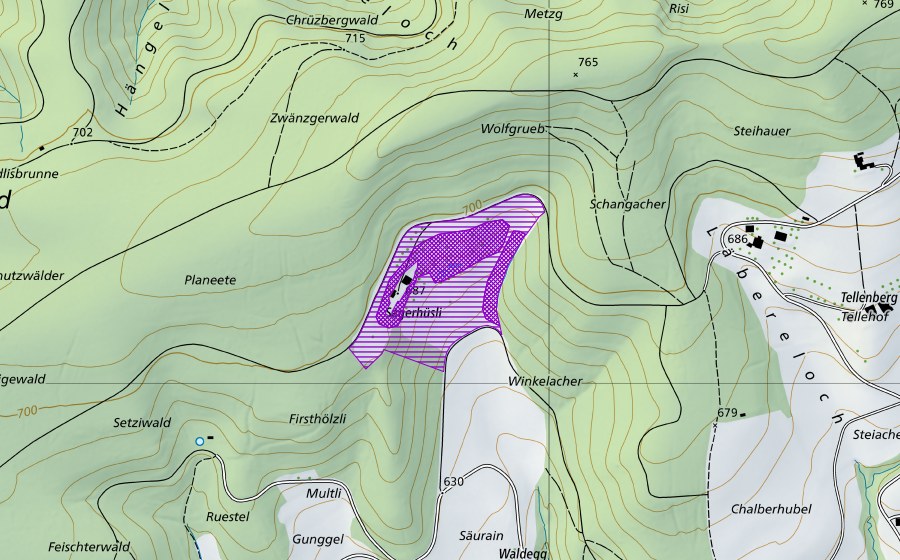 Carte nationale swisstopo avec le périmètre protégé de Sagerhüsli (Site de reproduction de batraciens)
