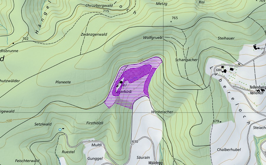 Carte nationale swisstopo avec le périmètre protégé de Sagerhüsli (Site de reproduction de batraciens)