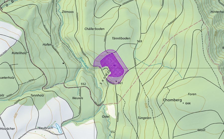 Landeskarte swisstopo mit dem Schutzperimeter von Sandlochgrube Chomberg (Amphibienlaichgebiet)