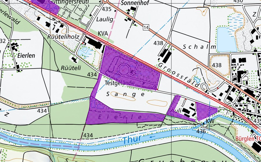 Landeskarte swisstopo mit dem Schutzperimeter von Sangen-Mülifang (Amphibienlaichgebiet)