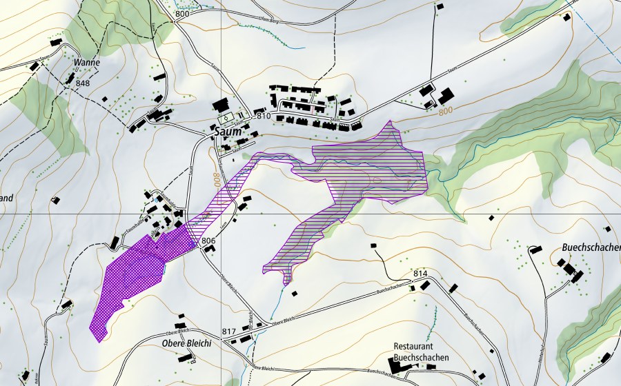 swisstopo national map showing the protected perimeter of Saumweiher (Amphibian spawning site)