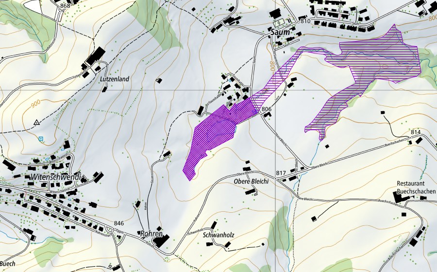 swisstopo national map showing the protected perimeter of Saumweiher (Amphibian spawning site)