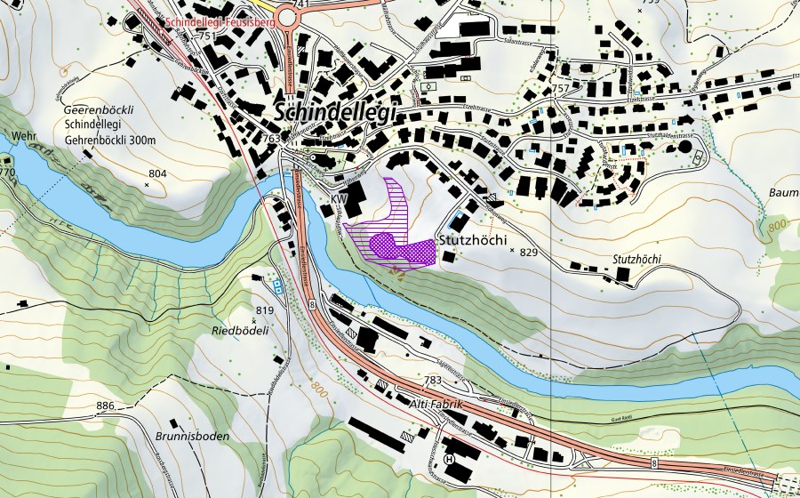 Landeskarte swisstopo mit dem Schutzperimeter von Schindellegi (Amphibienlaichgebiet)