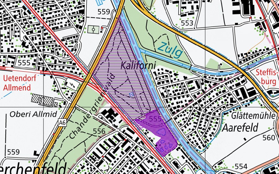 Carte nationale swisstopo avec le périmètre protégé de Schintere Lerchenfeld (Site de reproduction de batraciens)
