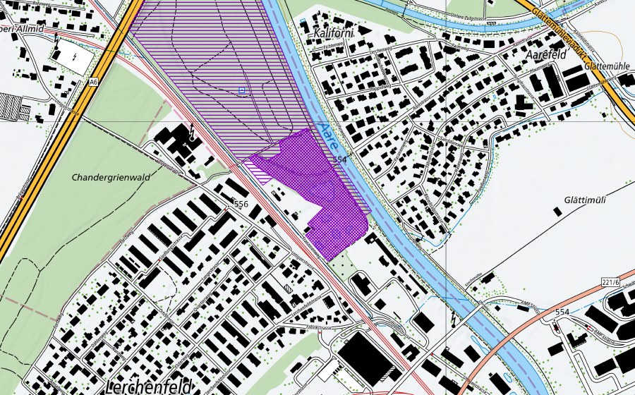 swisstopo national map showing the protected perimeter of Schintere Lerchenfeld (Amphibian spawning site)