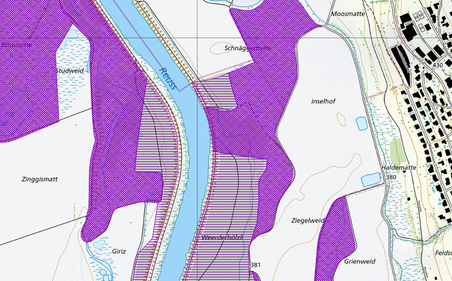 Landeskarte swisstopo mit dem Schutzperimeter von Schnäggenmatten (Amphibienlaichgebiet)