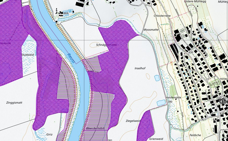 swisstopo national map showing the protected perimeter of Schnäggenmatten (Amphibian spawning site)