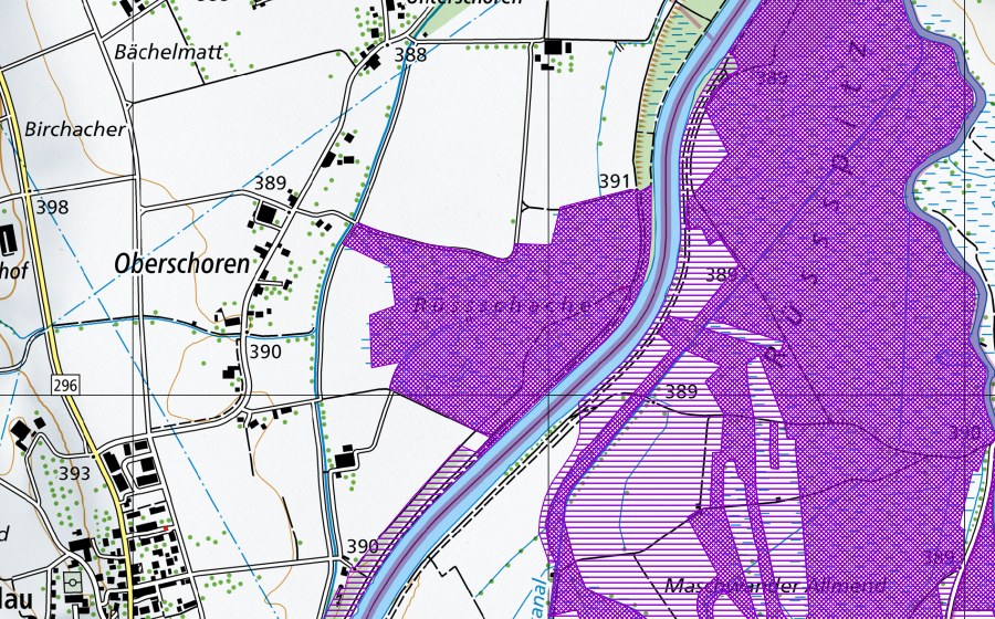 swisstopo national map showing the protected perimeter of Schoren Schachen (Amphibian spawning site)
