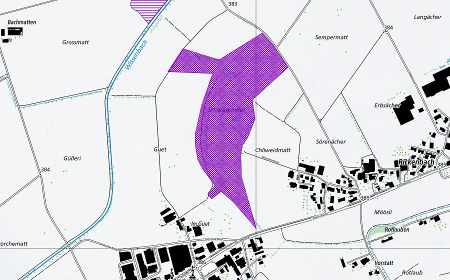 Landeskarte swisstopo mit dem Schutzperimeter von Schorengrindel (Amphibienlaichgebiet)