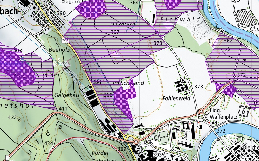 swisstopo national map showing the protected perimeter of Schwand (Amphibian spawning site)
