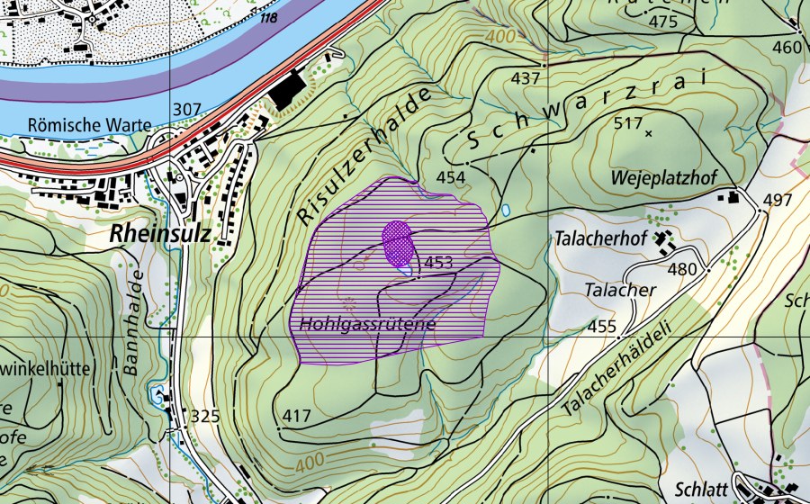 Landeskarte swisstopo mit dem Schutzperimeter von Schwarzrain (Amphibienlaichgebiet)