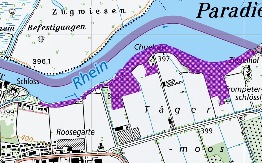 swisstopo national map showing the protected perimeter of Seerhein Chuehorn-Paradies (Amphibian spawning site)