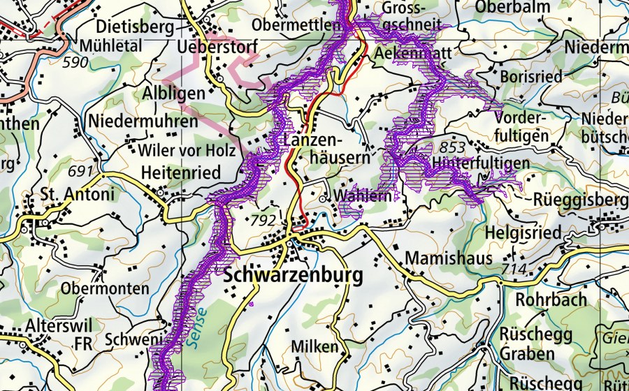 Landeskarte swisstopo mit dem Schutzperimeter von Sense- und Schwarzwassergraben (Amphibienlaichgebiet)