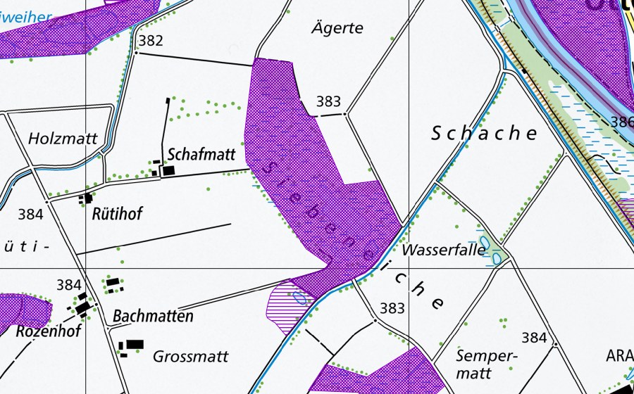 swisstopo national map showing the protected perimeter of Sibeneichen (Amphibian spawning site)