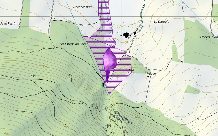 swisstopo national map showing the protected perimeter of Sous Bâme (Amphibian spawning site)
