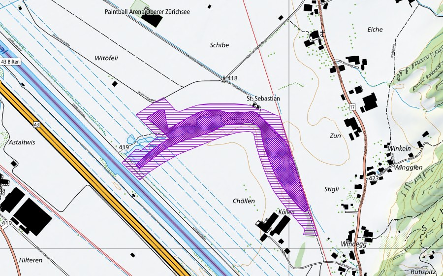 Landeskarte swisstopo mit dem Schutzperimeter von St. Sebastian (Amphibienlaichgebiet)