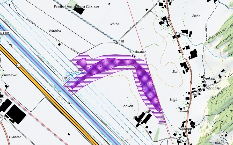 swisstopo national map showing the protected perimeter of St. Sebastian (Amphibian spawning site)