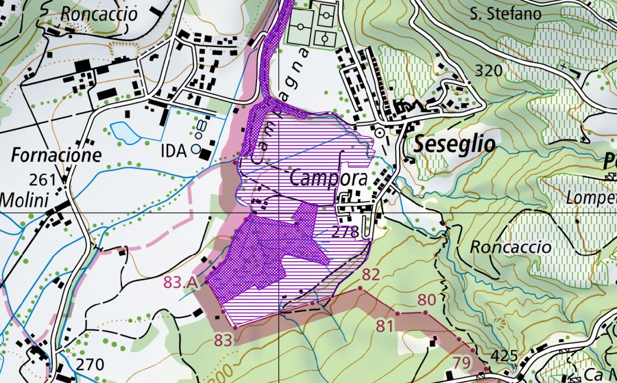swisstopo national map showing the protected perimeter of Stagni Campagna Seseglio (Amphibian spawning site)