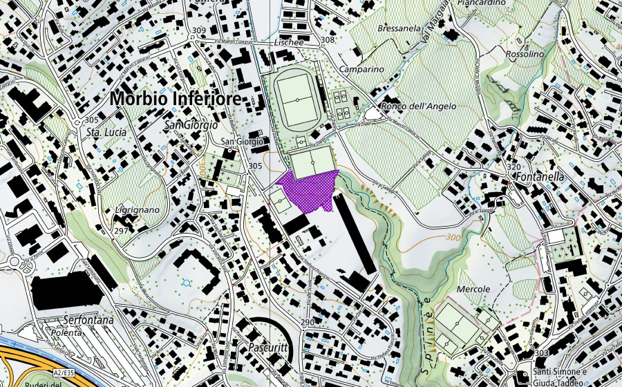 Carte nationale swisstopo avec le périmètre protégé de Stagni San Giorgio (Site de reproduction de batraciens)