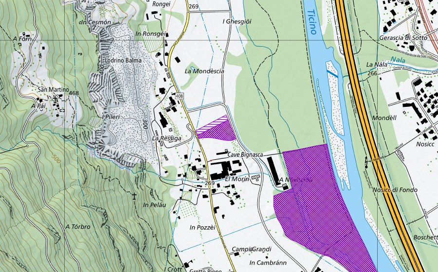 Carte nationale swisstopo avec le périmètre protégé de Stagno Campi Grandi (Site de reproduction de batraciens)