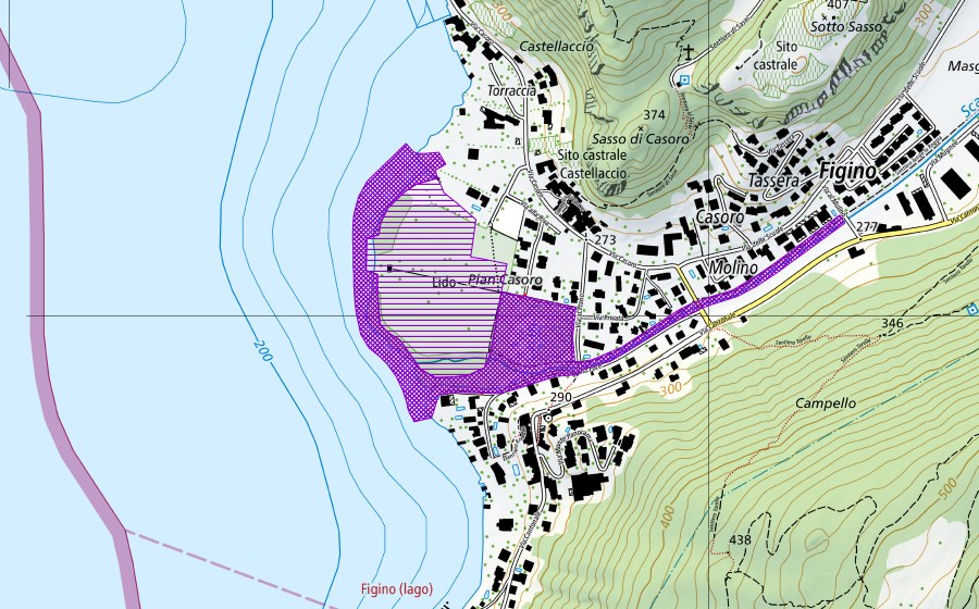 Carte nationale swisstopo avec le périmètre protégé de Stagno Figino-Cásoro (Site de reproduction de batraciens)