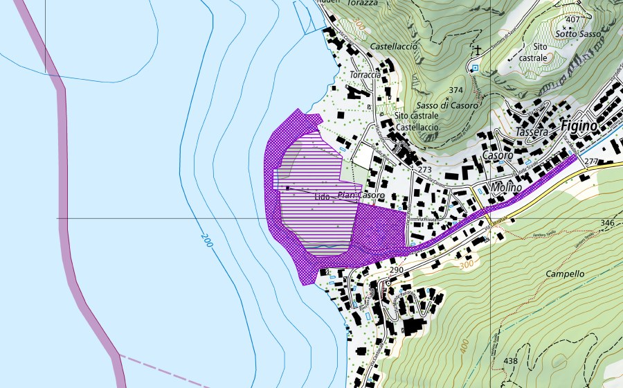 swisstopo national map showing the protected perimeter of Stagno Figino-Cásoro (Amphibian spawning site)