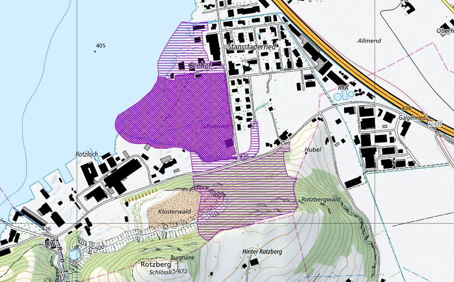 swisstopo national map showing the protected perimeter of Stansstader Ried/Rotzloch (Amphibian spawning site)