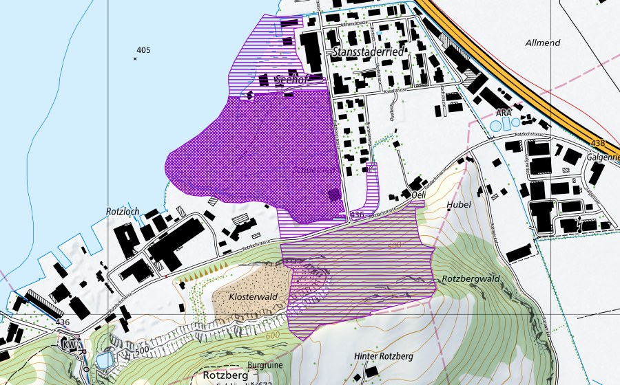 Carta nazionale swisstopo con il perimetro protetto di Stansstader Ried/Rotzloch (Sito di riproduzione di anfibi)
