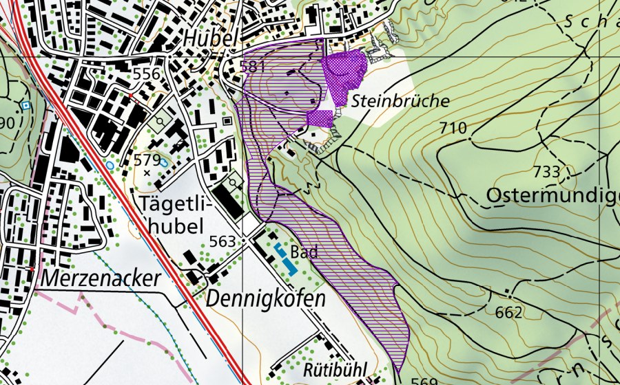 swisstopo national map showing the protected perimeter of Steinbruch Ostermundigen (Amphibian spawning site)