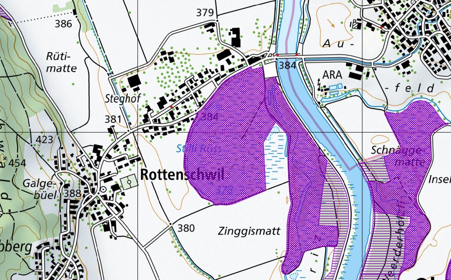 Carte nationale swisstopo avec le périmètre protégé de Stille Reuss (Site de reproduction de batraciens)