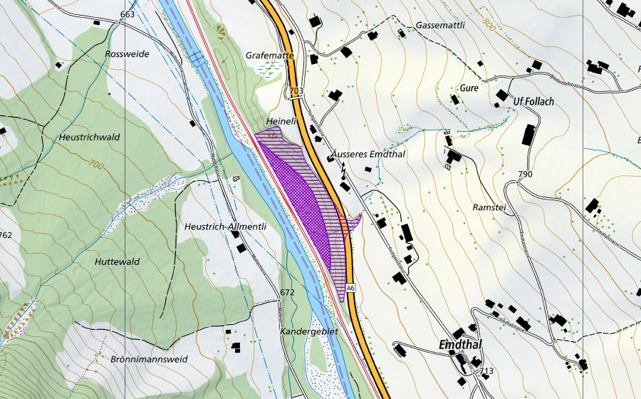 swisstopo national map showing the protected perimeter of Sumpf unterh. Station Heustrich (Amphibian spawning site)