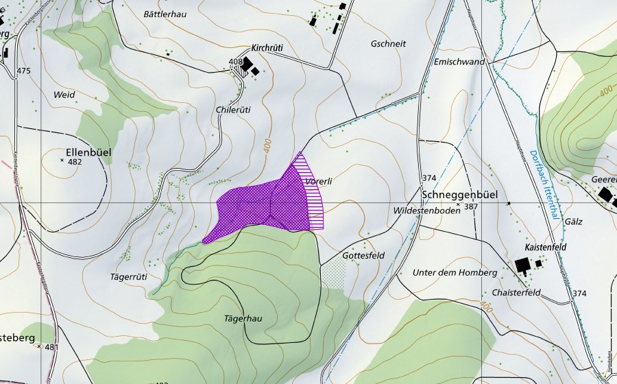 Carte nationale swisstopo avec le périmètre protégé de Tägerhau (Site de reproduction de batraciens)