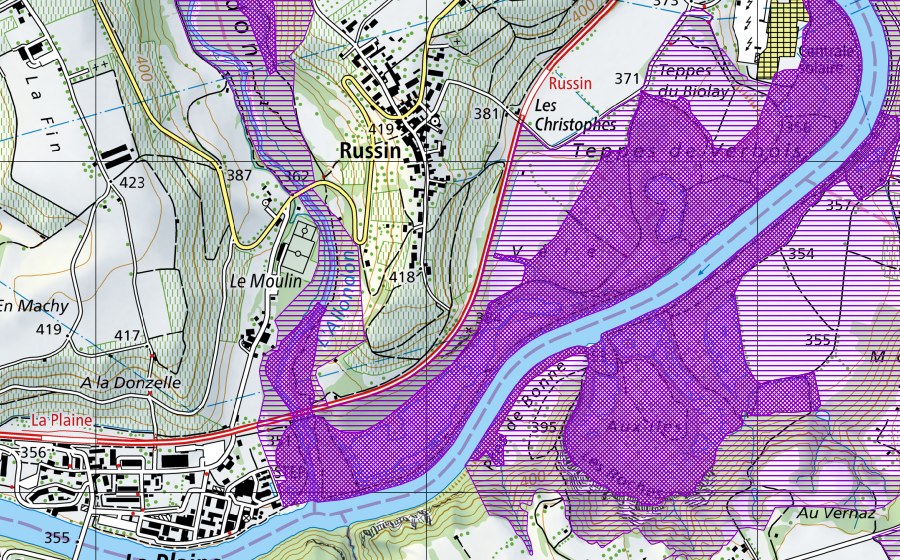 Landeskarte swisstopo mit dem Schutzperimeter von Teppes de Verbois (Amphibienlaichgebiet)