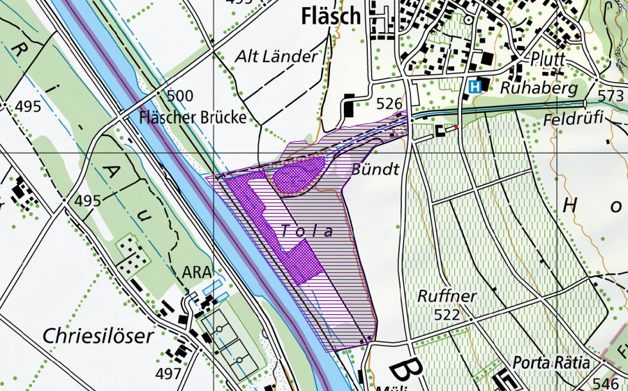 swisstopo national map showing the protected perimeter of Tola (Amphibian spawning site)