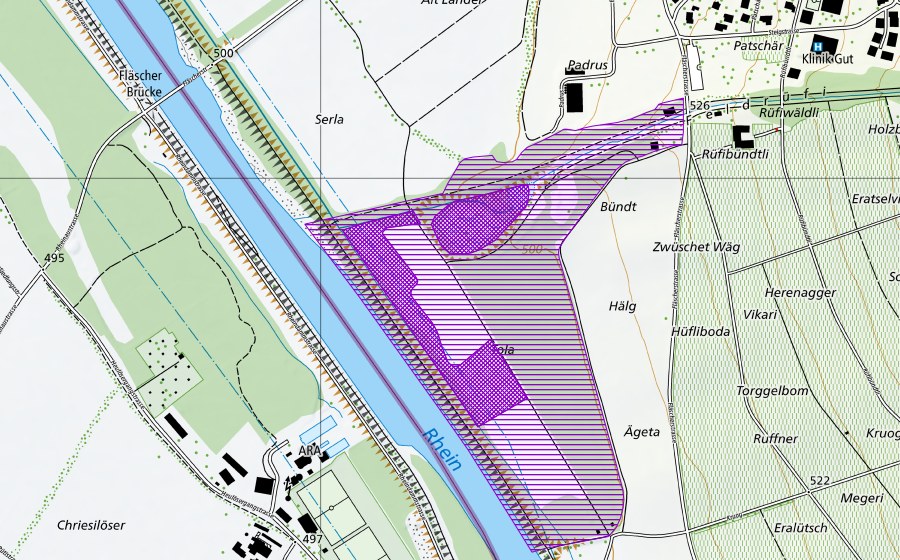 Landeskarte swisstopo mit dem Schutzperimeter von Tola (Amphibienlaichgebiet)