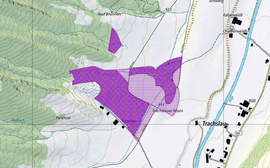 Landeskarte swisstopo mit dem Schutzperimeter von Trachslauerweiher (Amphibienlaichgebiet)
