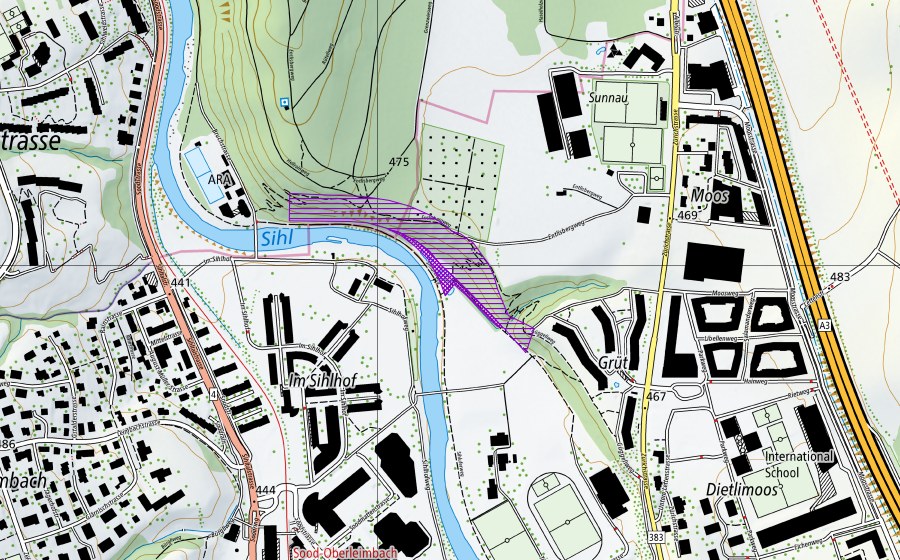swisstopo national map showing the protected perimeter of Tüfi-Weiher (Amphibian spawning site)