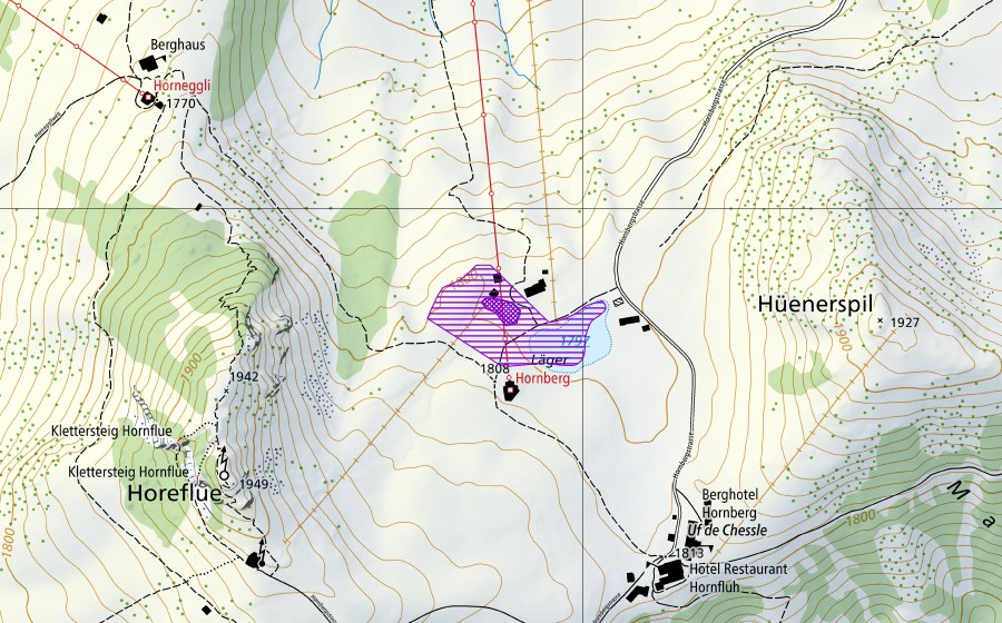 Landeskarte swisstopo mit dem Schutzperimeter von Tümpel Hornberg Läger (Amphibienlaichgebiet)