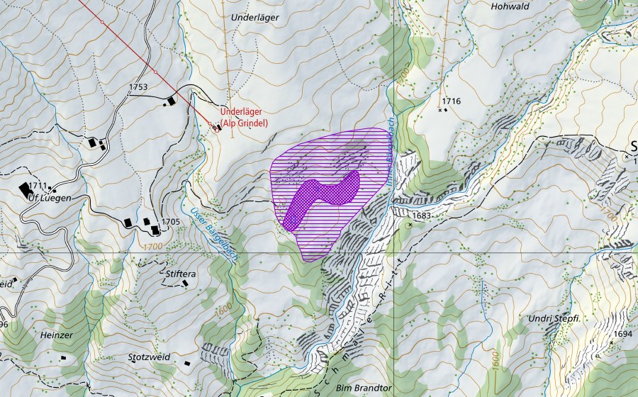 Landeskarte swisstopo mit dem Schutzperimeter von Tümpel östl. Underläger (Amphibienlaichgebiet)
