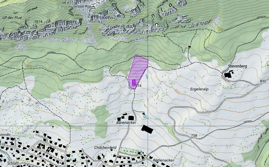 Landeskarte swisstopo mit dem Schutzperimeter von Tümpel Stierenberg (Amphibienlaichgebiet)