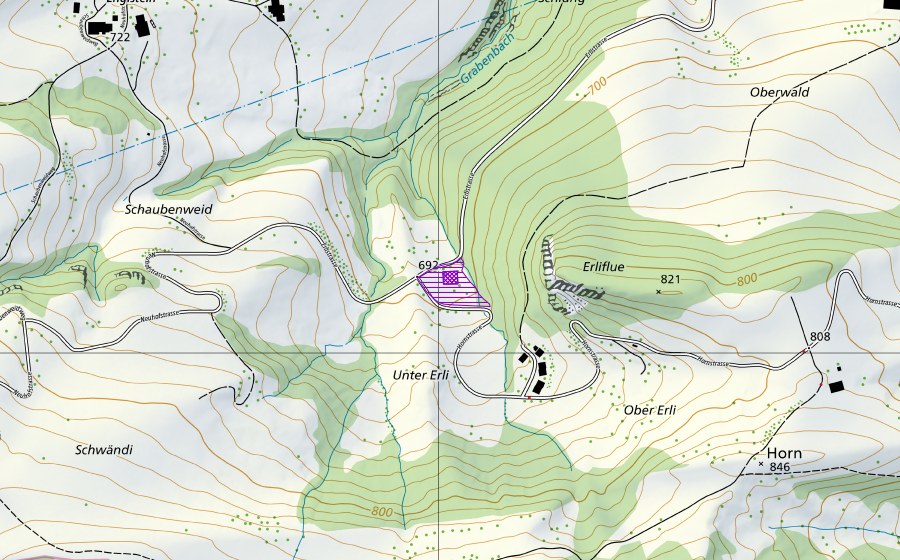 swisstopo national map showing the protected perimeter of Tümpel untere Erli (Amphibian spawning site)