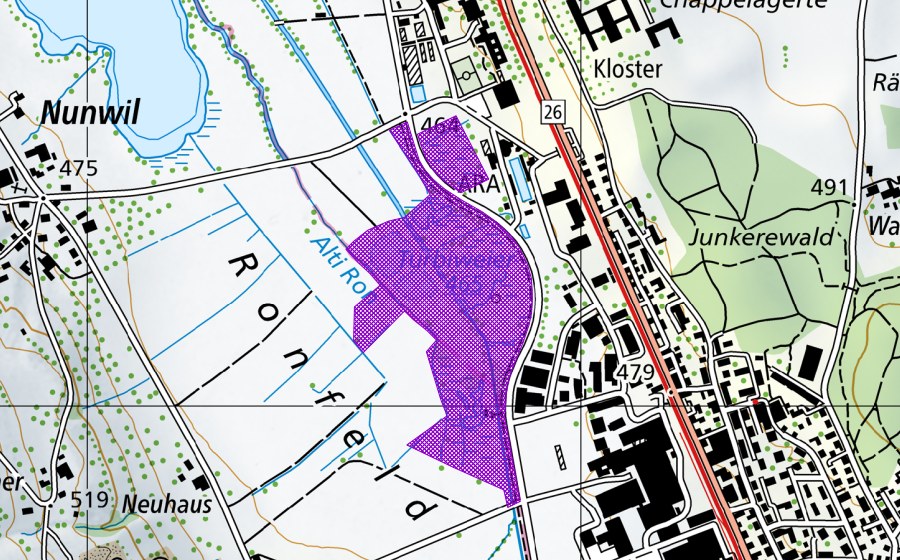 Landeskarte swisstopo mit dem Schutzperimeter von Turbiweiher/Ronfeldweiher (Amphibienlaichgebiet)