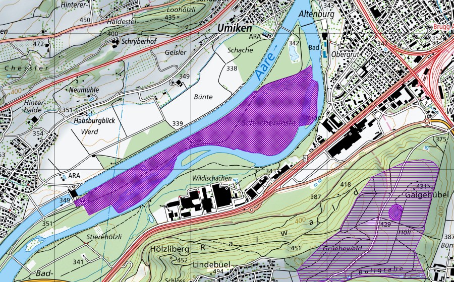 swisstopo national map showing the protected perimeter of Umiker Schachen (Amphibian spawning site)