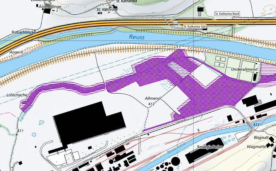 swisstopo national map showing the protected perimeter of Unterallmend (Amphibian spawning site)