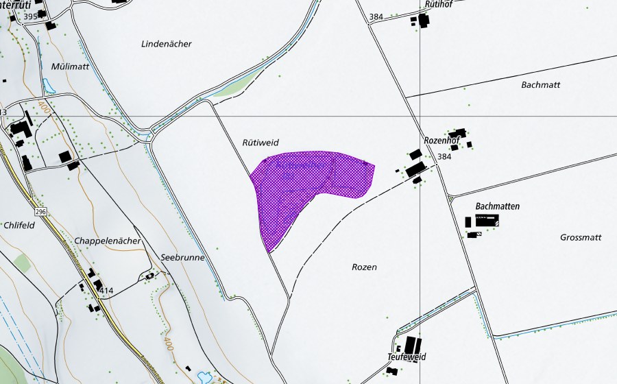 Carte nationale swisstopo avec le périmètre protégé de Unterrütiweiher (Site de reproduction de batraciens)