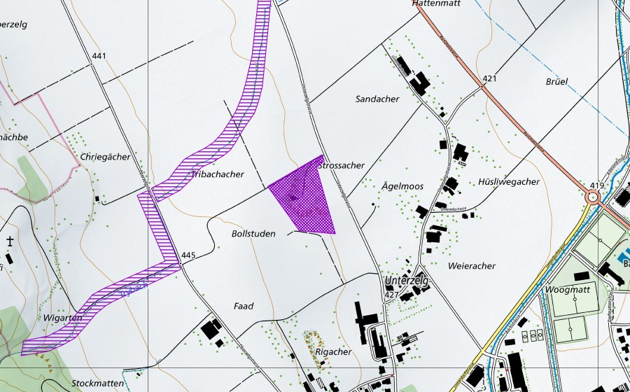 Carte nationale swisstopo avec le périmètre protégé de Unterzelg (Site de reproduction de batraciens)